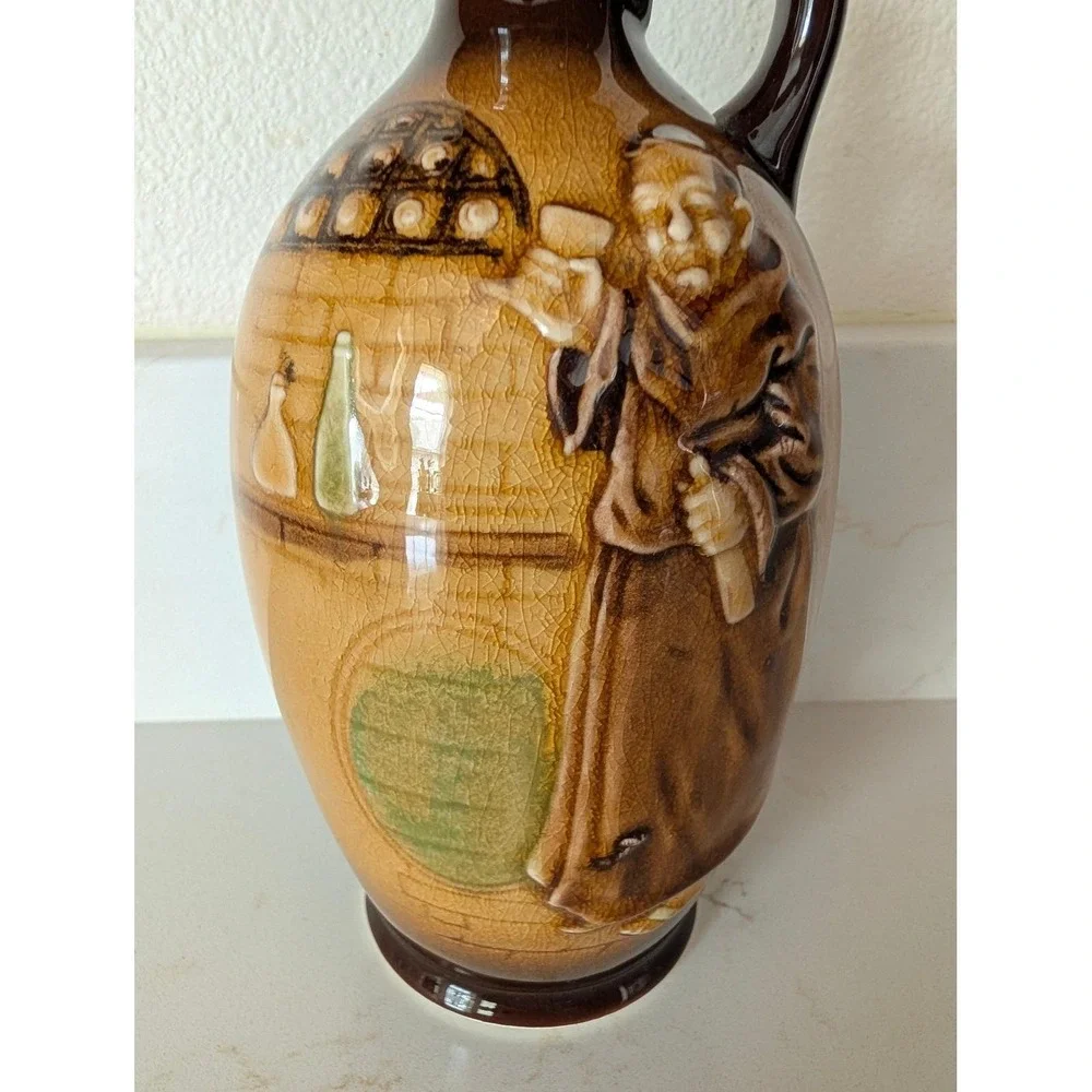 Vintage Monk Ceramic Decanter Brown Ombre Glaze Relief 3D Design with Stopper